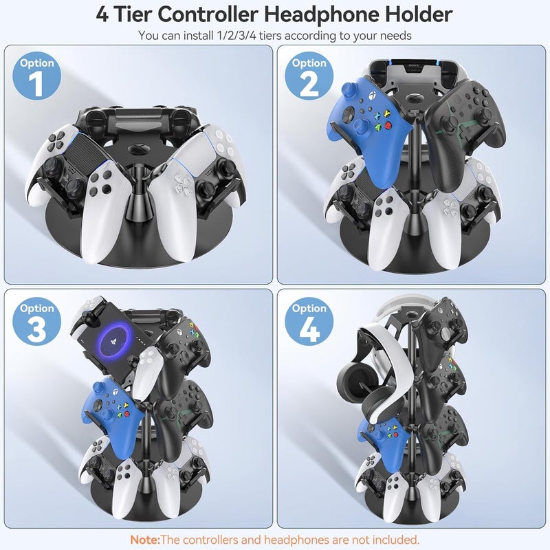 Kosker Headset Stand 4 Tiers for Desk, Rotatable Gaming Controller Stand for PS5/PS4/Xbox/Switch2/PS Portal/Phone, Universal PC Gamer Gift Accessory Controller/Headphone Holder for 12 Packs Controller - Image 2